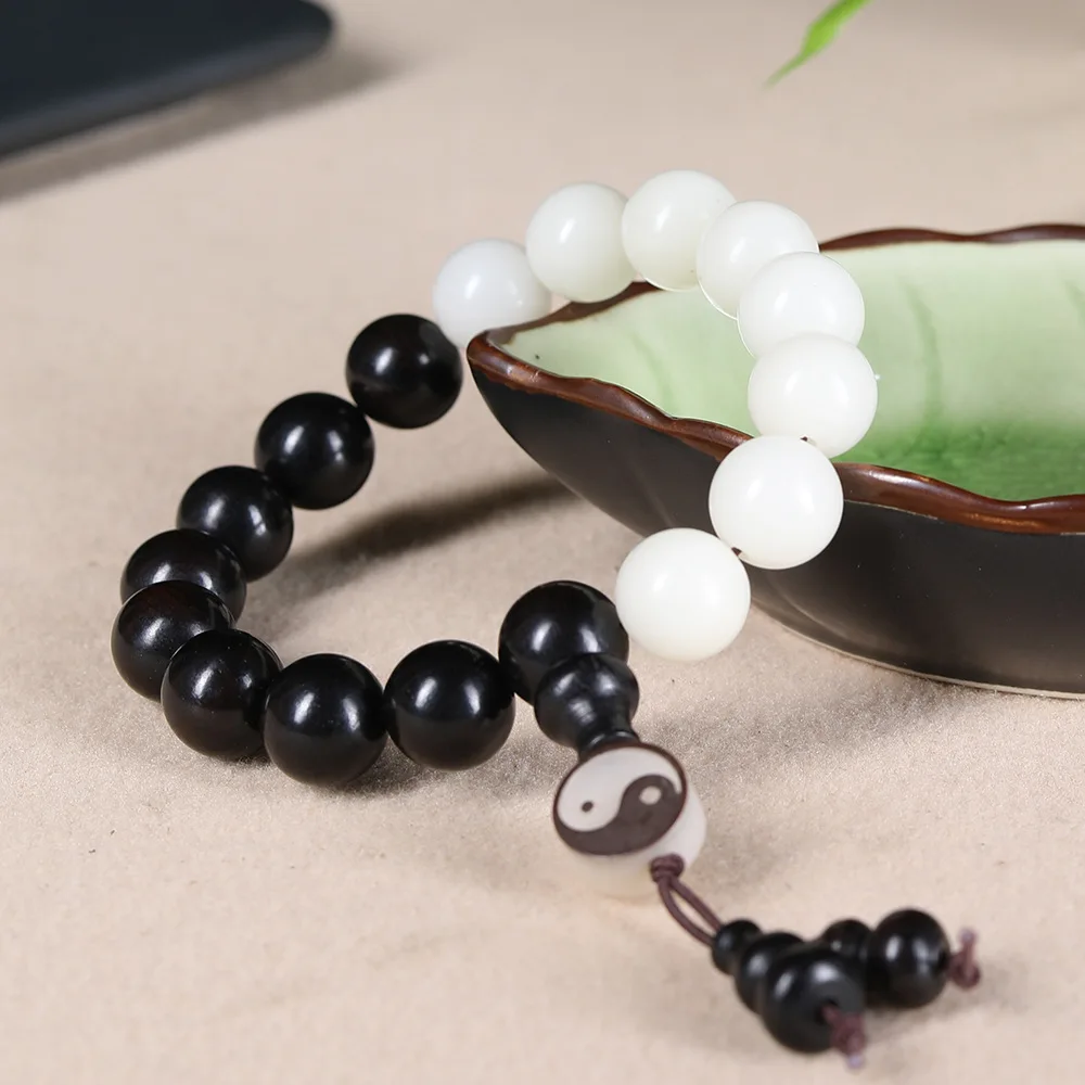 Tai Chi Yin Yang Bodhi Root Bracelet: Purple Sandalwood Ebony White Bodhi Bagua Prayer Beads, Unisex Gift