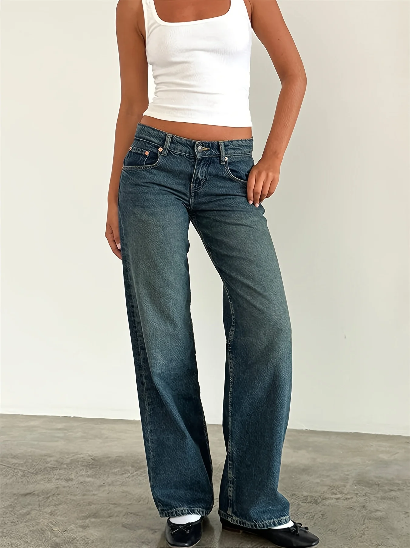 Nuevos pantalones vaqueros de pierna recta lavados de color liso para mujer, de cintura baja, sencillos, versátiles, a la moda, cómodos y sueltos para llevar