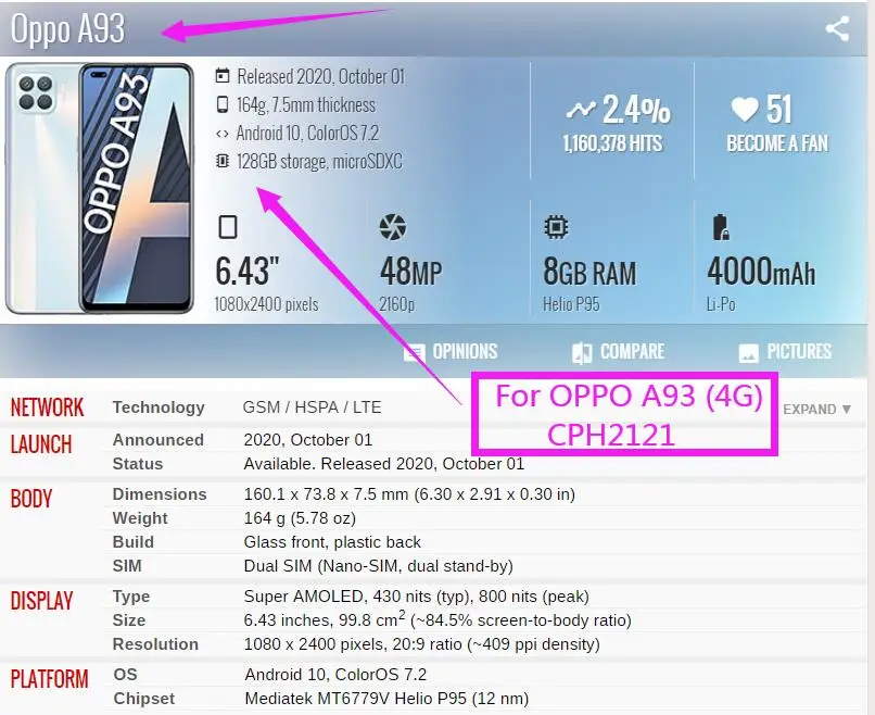 6.43 TFT LCD For OPPO A93 4G 2020 LCD Display Touch Screen Digitizer Assembly Replacement parts For OPPO CPH2121 LCD