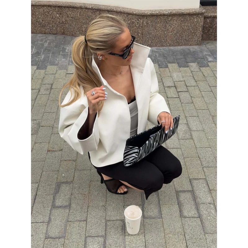 Beige Croc Leather Cropped Jacket Y2k Stand Collar Long Sleeve Wide Cuff Oversize Coat 2026 Autumn Street Daily Casual Outerwear