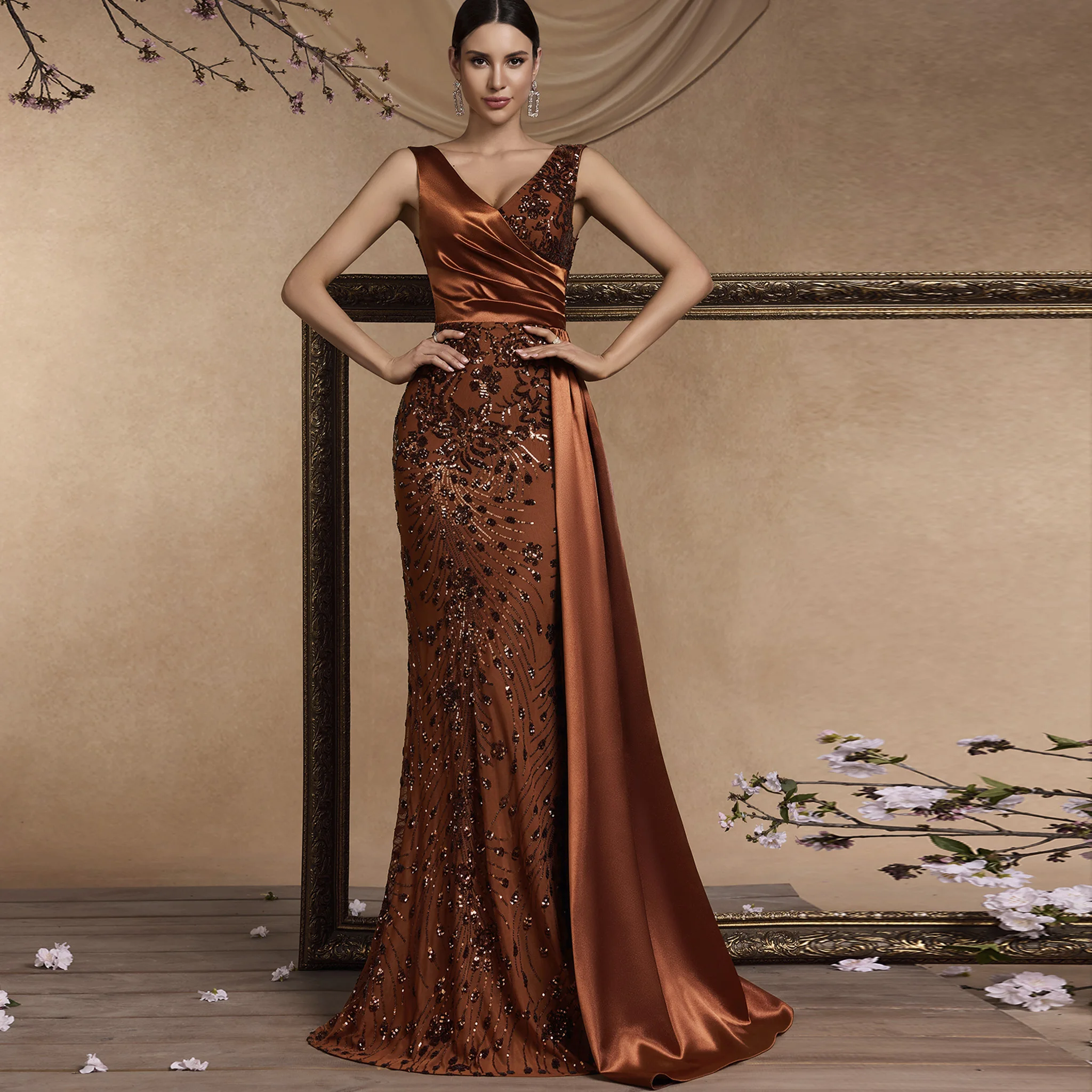 فستان Rosymae سباركلي مزدوج على شكل حرف V للحفلات الراقصة أنيق عالي الجودة مزين بالترتر اللامع لحفلات الزفاف والمناسبات الخاصة