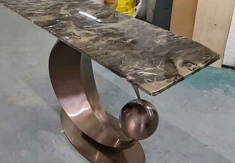 طاولة مدخل إيطالية فاخرة من الفولاذ المقاوم للصدأ على شكل نصف قمر، طاولة مدخل بسيطة للممر والممر والرخام