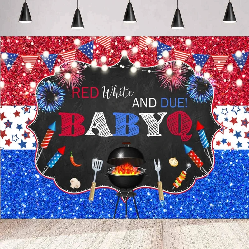 

Red White And Due BBQ Theme Photography Backdrop For Boy Girl 4th Of July Firecracker BabyQ Baby Shower Background Poster Wall