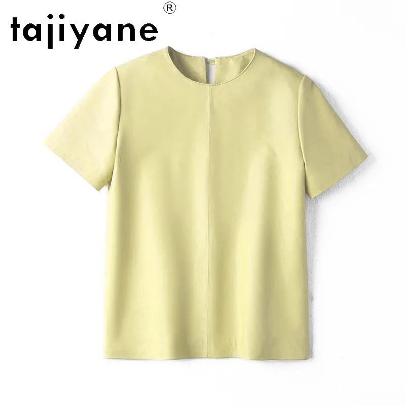 TAJIYANE Genuine Sheepskin Women T Shirts Short Sleeve Pullover Leather Top U Collar Crop Top Spring T-Shirt Women Clothes 2026