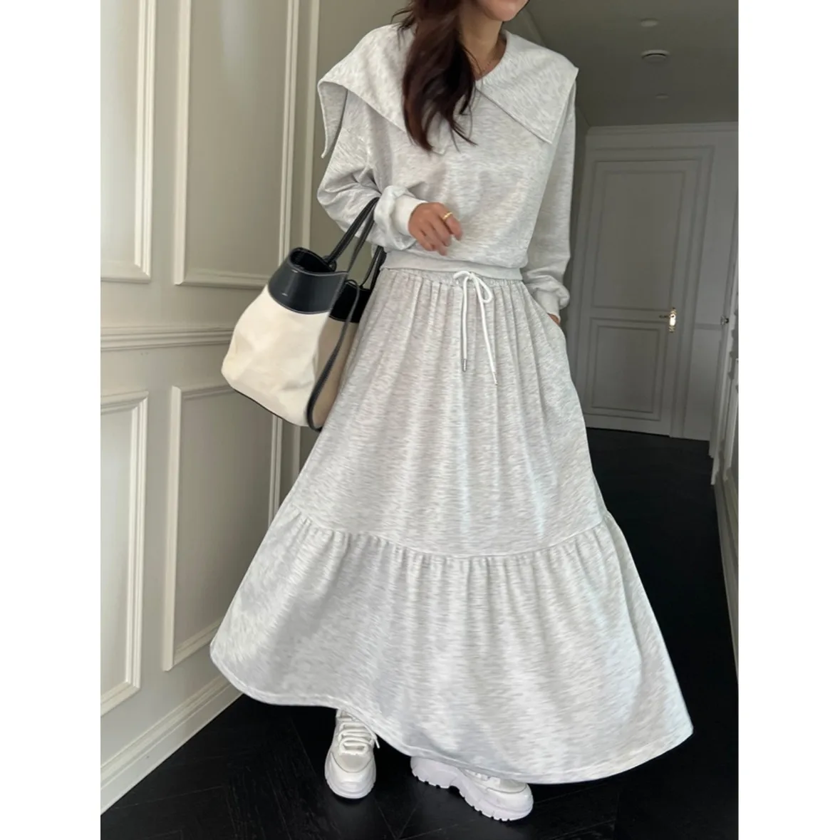 

Korean Sle Casual Loose Sweatirt Top And High Waist Skirt Two Piece Set Women's Faion Slimming Leisure Outfit