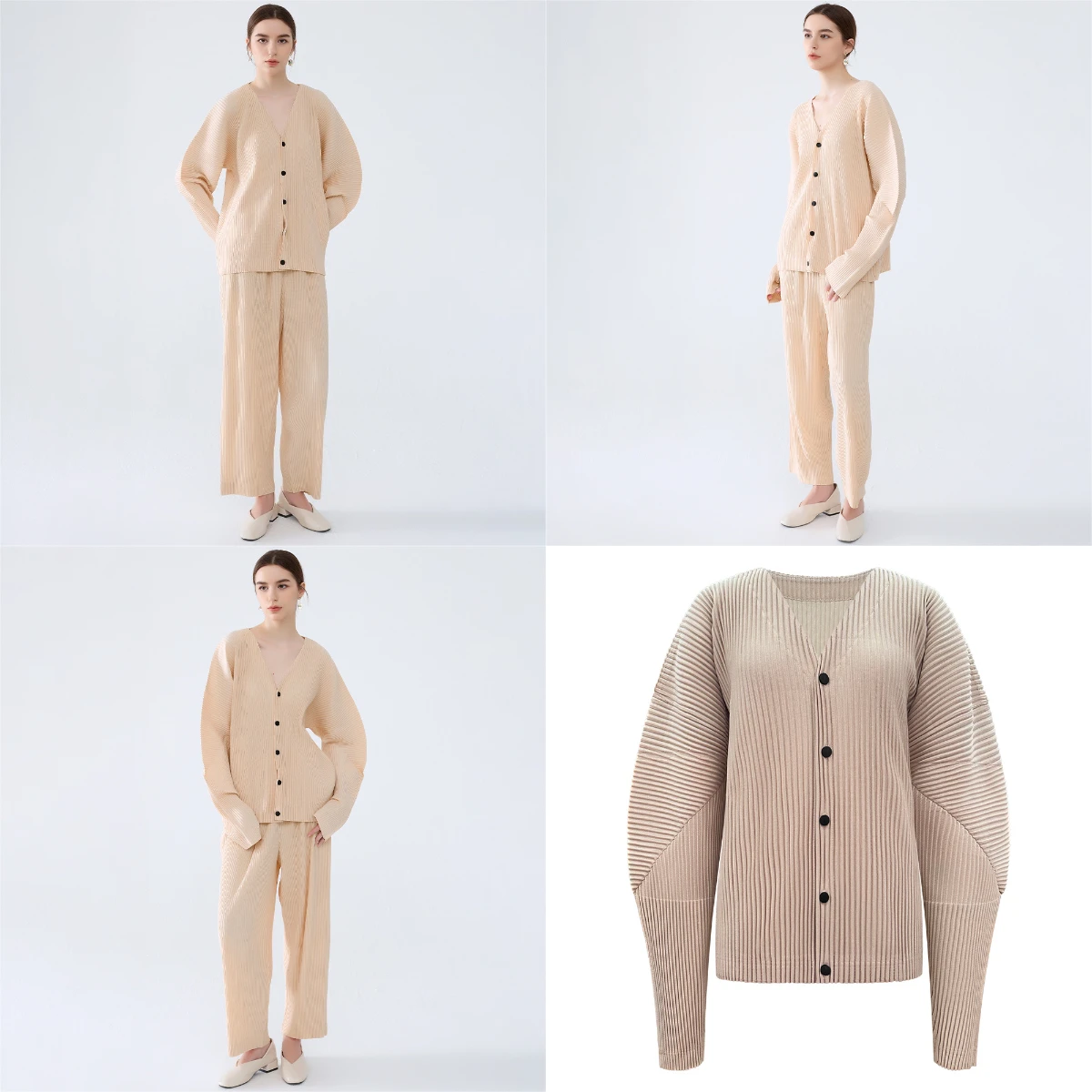 

Miyake 2025 Autumn and Winter New Pleated Casual Peplum Solid Color Suit Folded Sleeve Single Breasted Top Casual Pants Women