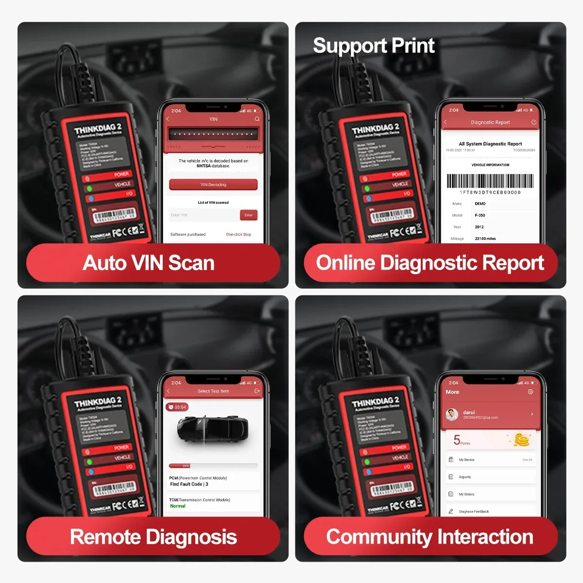 THINKCAR Thinkdiag 2 OBD2 Scanner Bluetooth All System Support CAN FD Protocols Full Car Software 1 Year Free