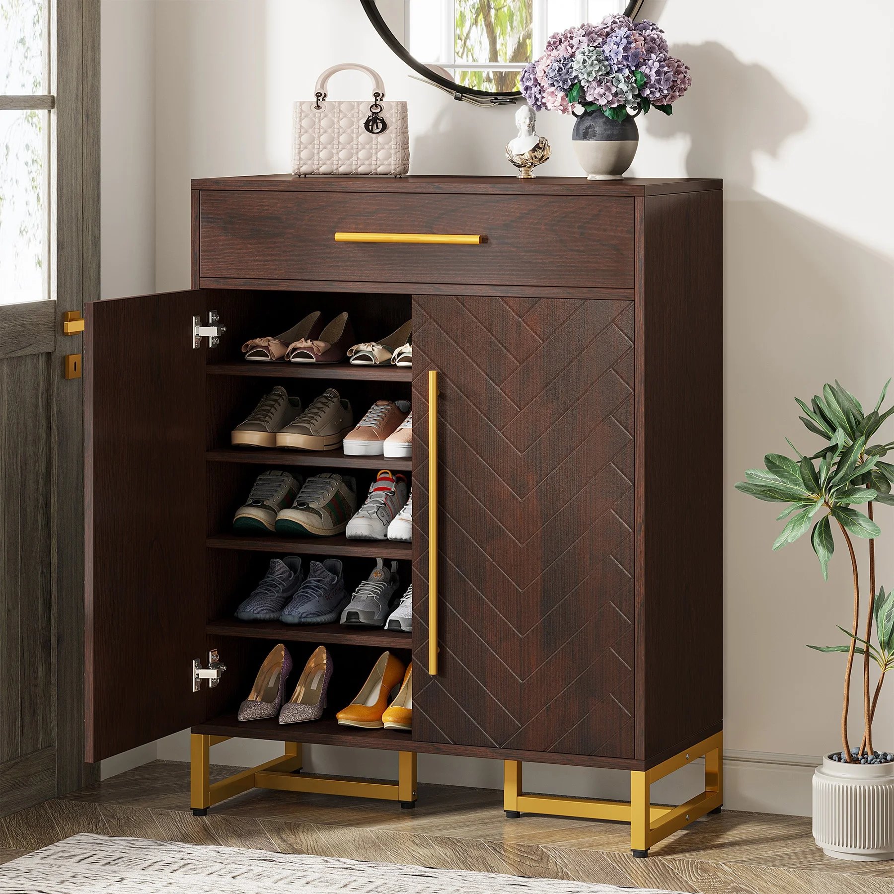 Patterned Wooden Shoe Cabinet With Gold Toned Legs, 4 - Tier Storage 1 Drawer For Entryway Organization