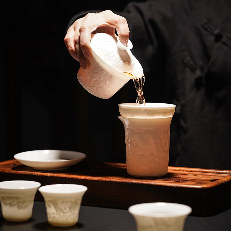 Mutton Fat Jade Relief Qingming Scroll Kung Fu Tea Set Gift Box Drinkware