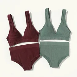 Women's Seamless Bra Panties Set Female Wirefree Brassiere Top Sports Underwear High Waist Briefs V Neck Sexy Lingerie Set