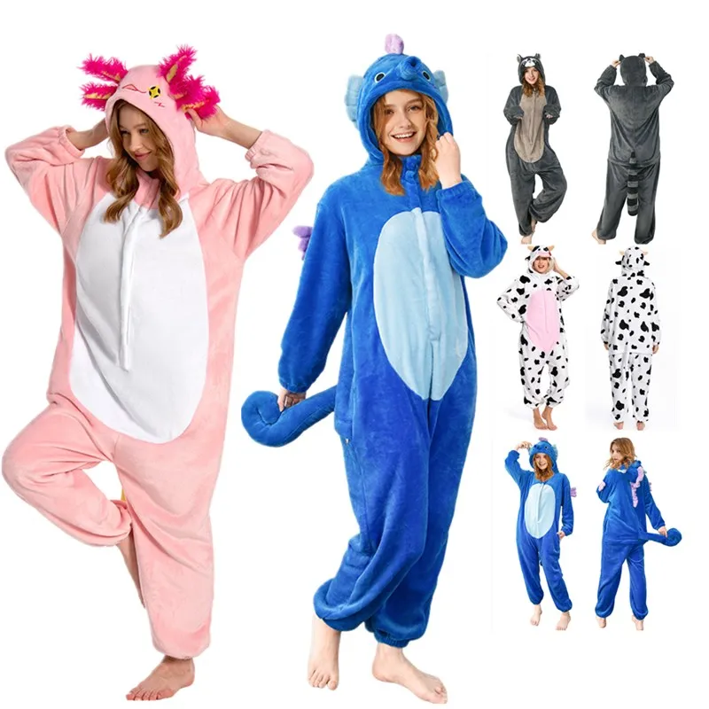 Adult Cow Cosplay Flannel Sleepwear Cartoon Animal Pajamas Bear Raccoon Jumpsuit Costume Outfits Halloween Carnival Party Suit