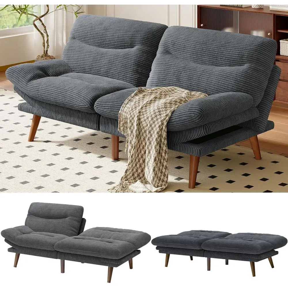 

66 Convertible Sofa Bed with Corduroy Upholstery, Adjustable Backrest & Armrests, Ideal for Living Room or Office, Solid Wood Fr