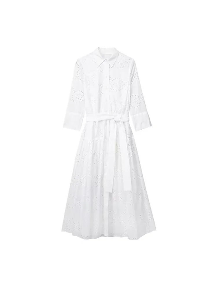 

Summer Women's Long Dresses 2024 New Casual Fashion Long Sleeve Lapel Button Belt Shirt Dresses Vacation Misty Dress