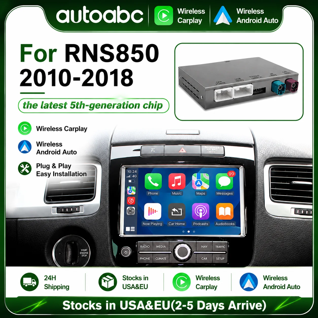 Kabelloses Carplay Interface für VW Touareg RNS850 2010-2017 WiFi Bluetooth 5.0 Nachrüstkit Android Auto Decoder Mirrorlink GPS
