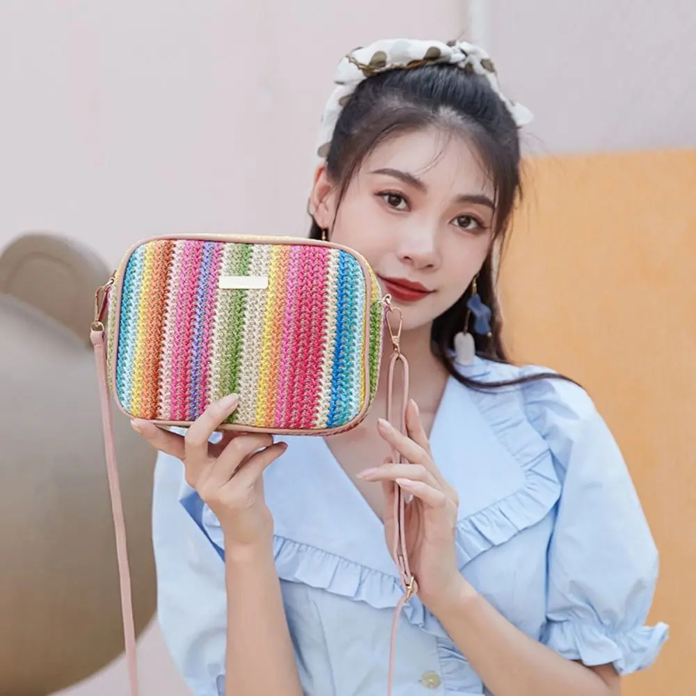 

Colorful Straw Bag Portable Woven Rainbow Crossbody Bag Artistic Ethnic Style Camera Bag Summer