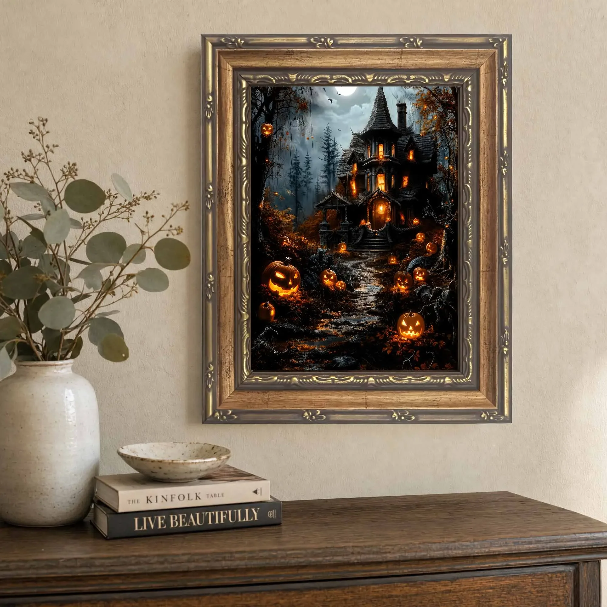Large-sized Halloween Haunted House Canvas Wall Art Scary Pumpkin Night Canvas Print Home Party Wall Decor Poster