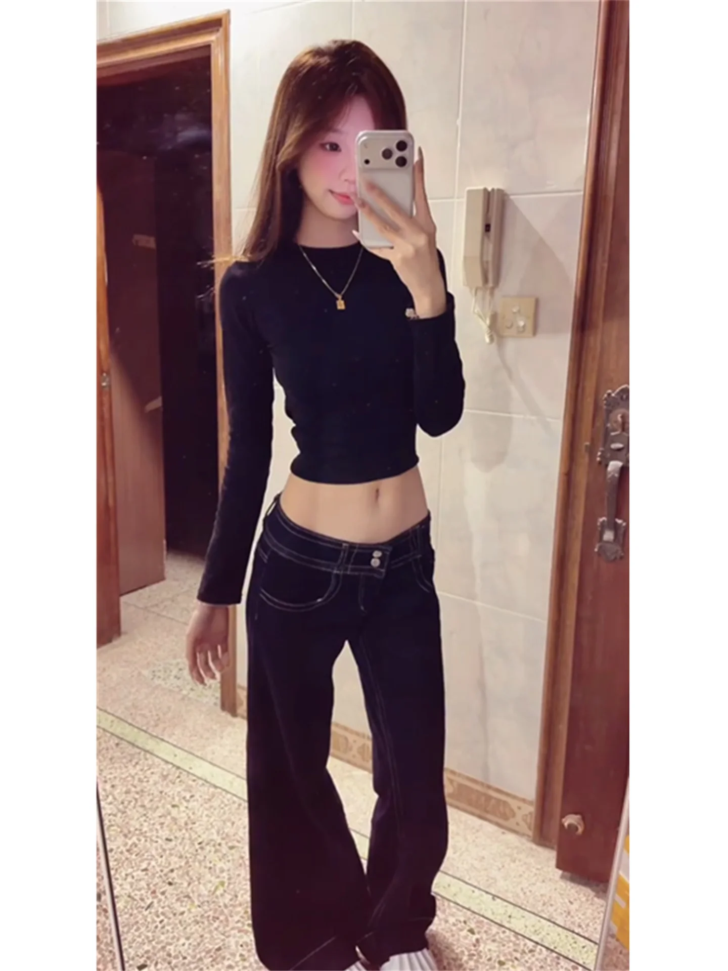 

Extended Length Loose Fit Low Waist Bell Bottom Blue Jeans Women's Spring Casual Drapey Comfortable Floor Length Trousers