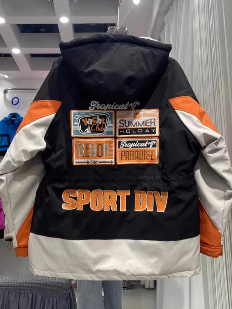 2025年冬 ダウンジャケット レディース 刺繍レターステッチ コントラストコート メンズ レディース カップル ルーズ ホワイトダック パフコート アウター