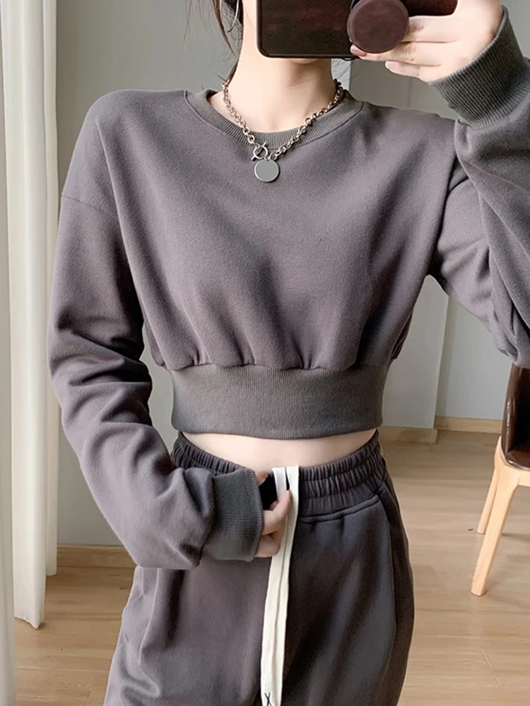 Lockerer langer Rundhals-Sweatshirt für Damen, Frühling/Herbst, neues Design, Bauchfreier Schnitt, koreanische Version, Top-Trend