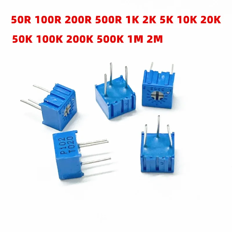 10PCS 3362P Single Turn Adjustable Potentiometer 50R 100R 200R 500R 1K 2K 5K 10K 20K 50K 100K 200K 500K 1M 2M Top Tuning