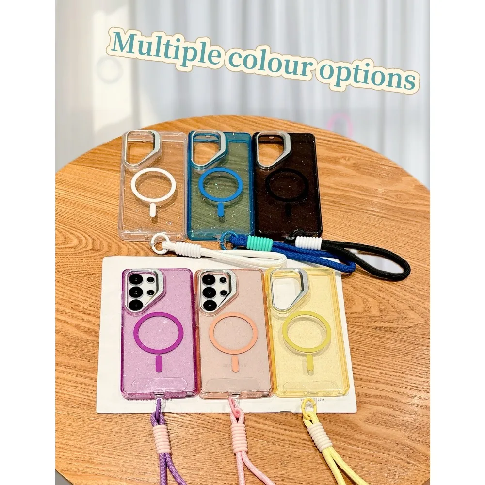 Luxe Magnetische "Glitter" Stand Shockproof Clear Case Voor Samsung Galaxy S25 S24 S23 S22Ultra Plus S24FE PC + TPU Magnetische Cover