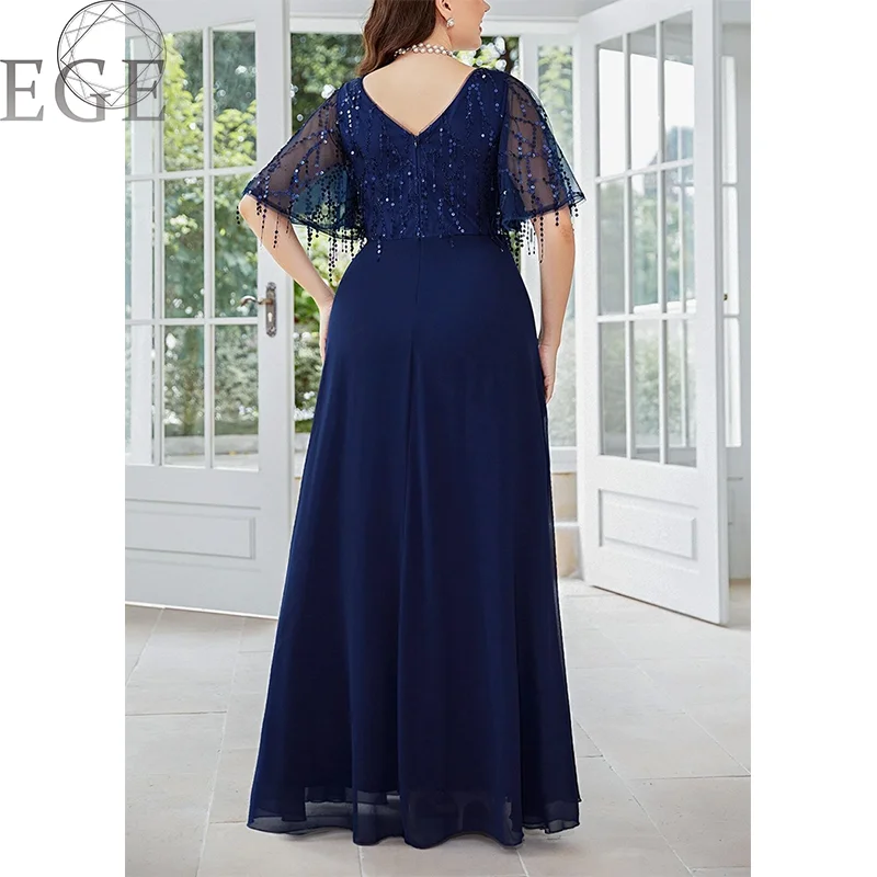 V Neck Royal Blue Sequins Shiny Plus Size Wedding Dress 5XL6XL Plus Size Women\'s Chiffon MAXI Party Banquet Short Sleeve Dresses