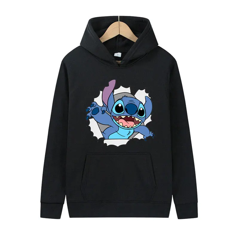 2024 Hot New Fashion Men Pullover Cartoon Anime Stitch Women Hoodies Autumn Winter Black Couple Sweatshirt Clothing Tops