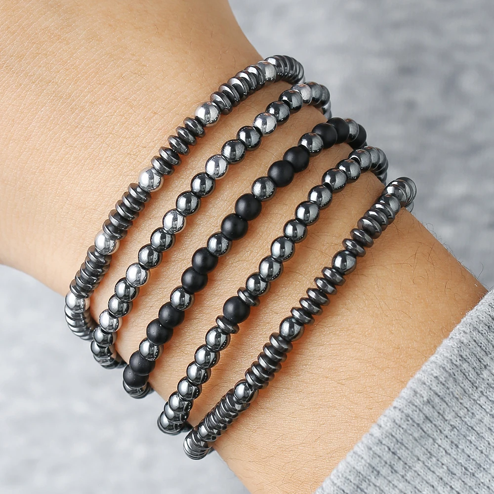 

New In Handmade Beaded Bracelet 5-Piece Set for Couples Beach Style Geometry Hip Hop Black Gallstone Elastic Hand Jewelry