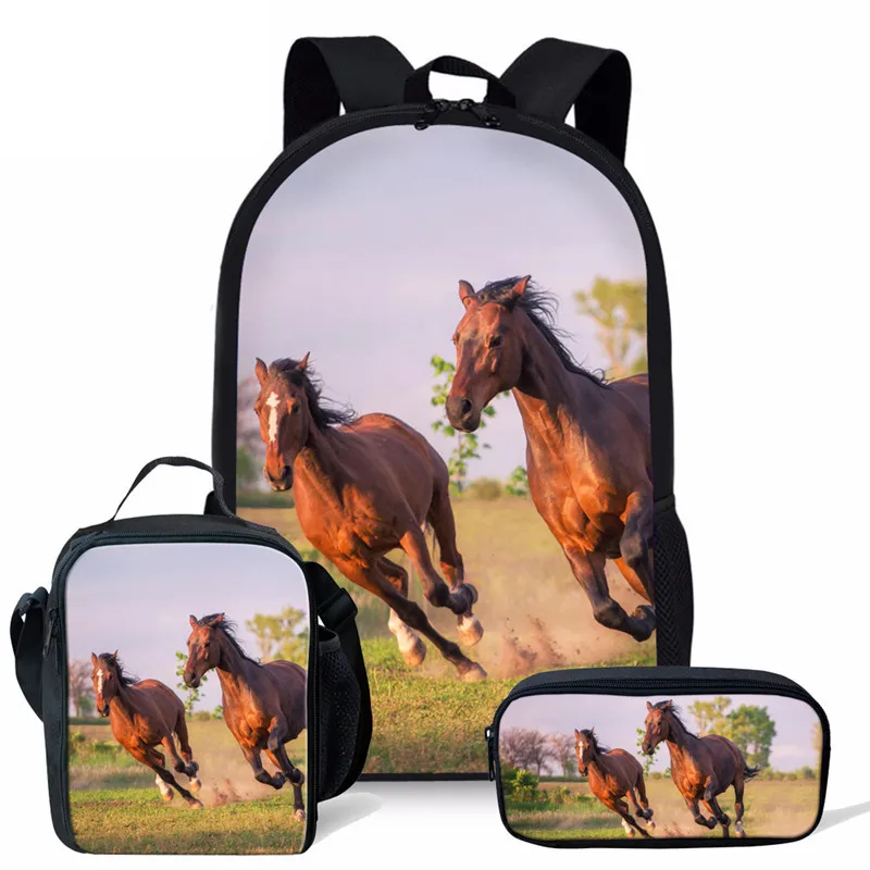 Cartoon Novelty Creative Funny Cool Horse 3D Print 3pcs/Set pupil School Bags Laptop Daypack Backpack Lunch bag Pencil Case
