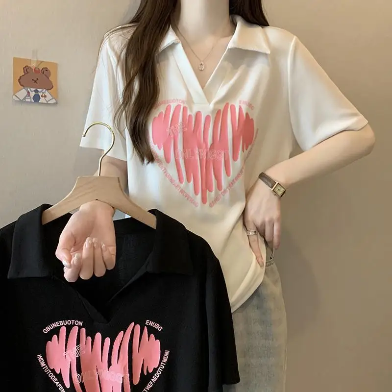 Camiseta informal con estampado de letras y solapa para mujer, ropa holgada de manga corta que combina con todo, coreana, 2024