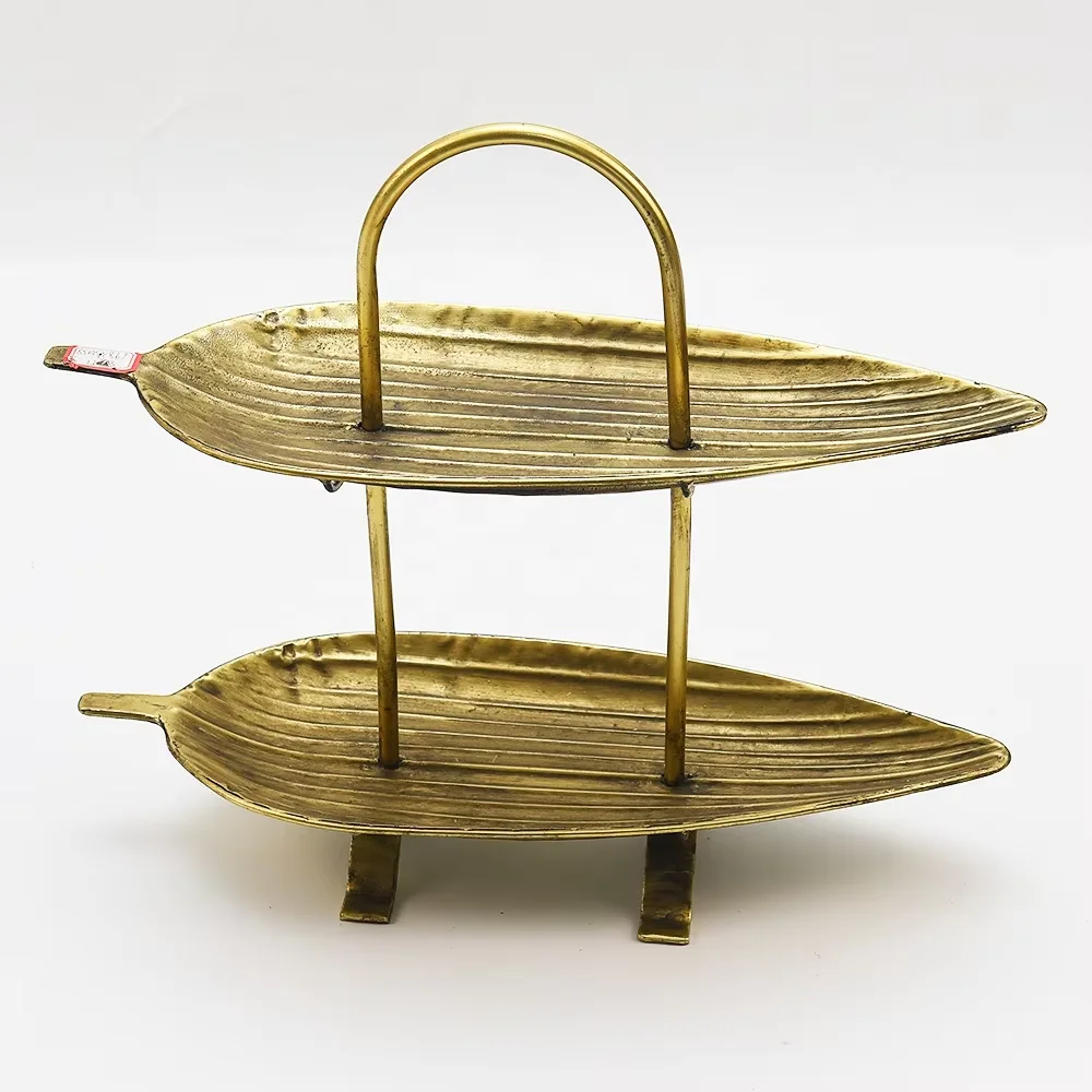 High-grade metal fruit home decoration double-layer new design golden leaf dried fruit luxury serving tray