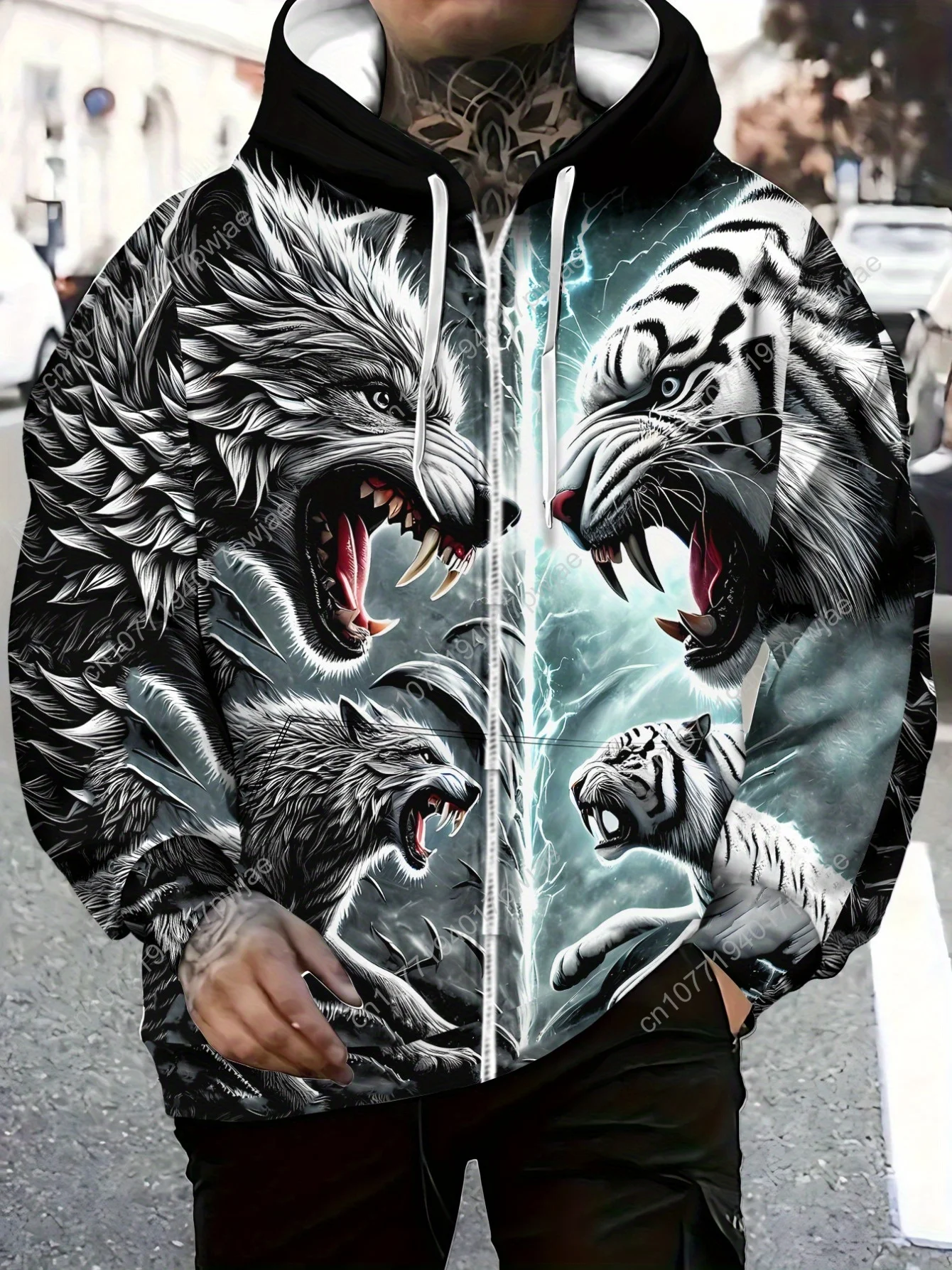 Boné masculino de manga comprida com zíper, moletom com capuz com estampa de lobo e tigre para sala de estar, tecido de poliéster macio, leve e