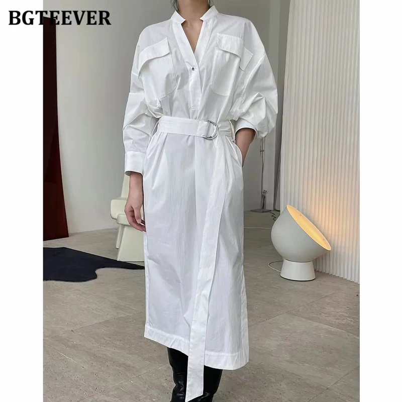 BGTEEVER-Vestido camisero blanco con cuello levantado para mujer, vestido elegante de manga larga con Bolsillos y cinturón con abertura lateral para otoño