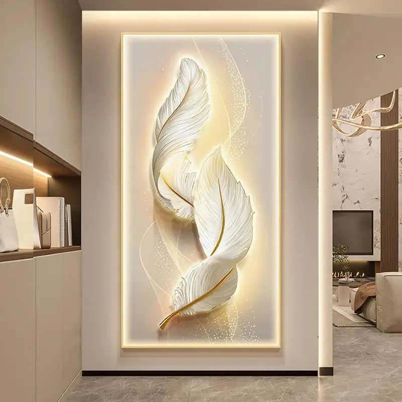 Feather Entrance Decor Painting Modern Luxury Living Room Hanging Artwork Corridor Lighted Wall Lamp Painting