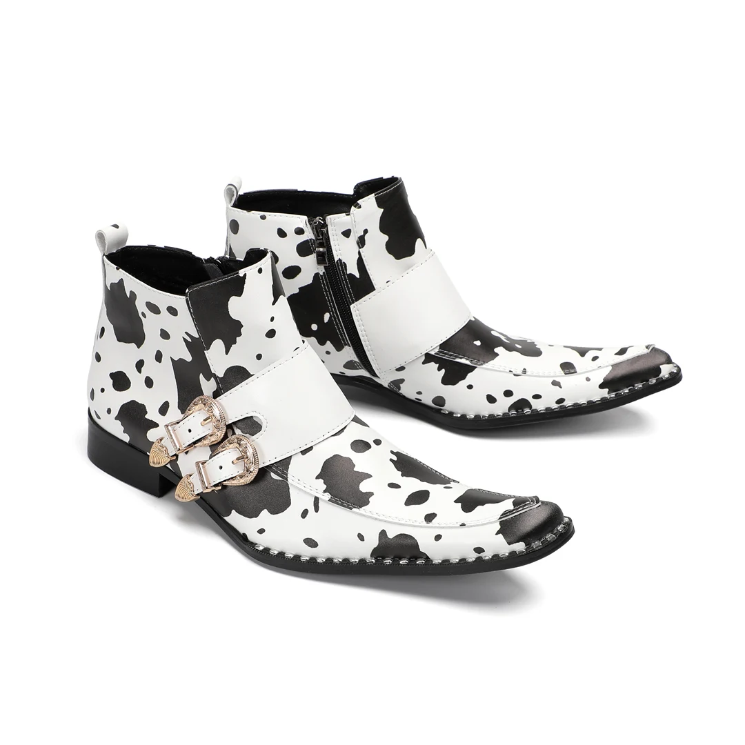 Fashion Black Spots Real Leather Motorcycle Men Ankle Boots Large Size Buckle Strap Business Formal Short Boots Man Party Shoes