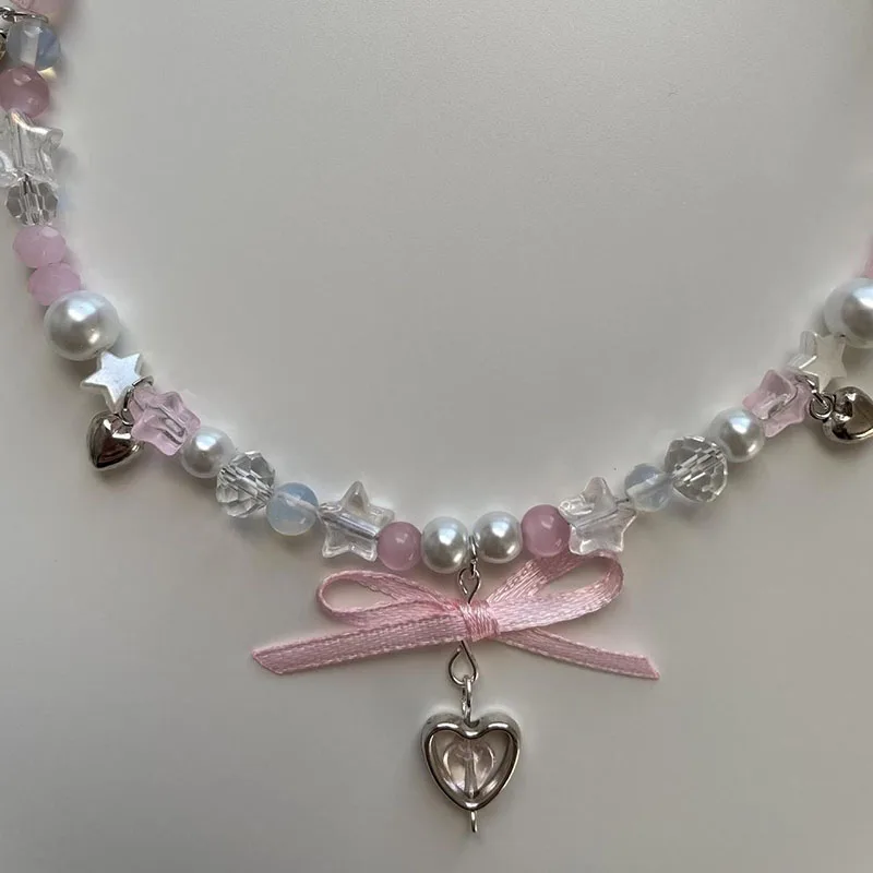 star beads Beaded necklace pink ribbon bow heart handmade charm jewellery women