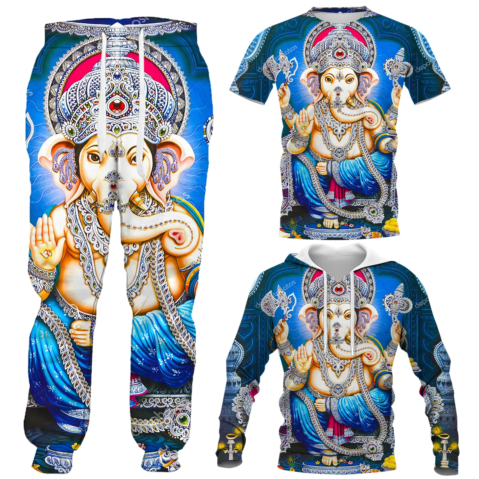 

HX Indian God Clothing Sets Blue Ganesha Tracksuit 3D Print Short Sleeve Shirts Sweatshirts Hoodies Women Clothing Dropshipping