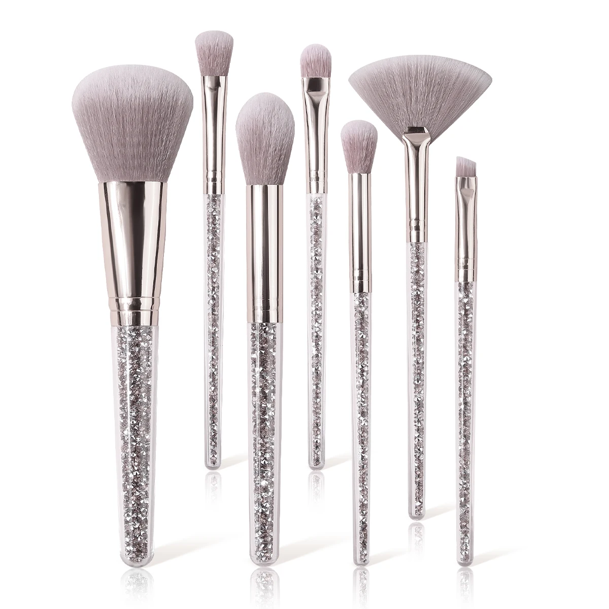 7-pc silver diamond makeup brush set - large powder brush, fan-shaped blush brush, brush for eye smudging, and highlighter brush