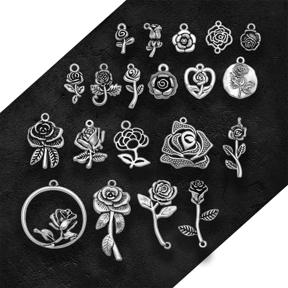 Antique Silver Plated Rose Flower Charms Valentine\'S Day Pendants For Diy Keychain Jewelry Making Findings Supplies Accessories