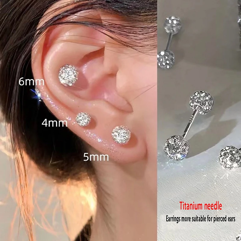 Fashion Titanium Steel Unisex Women Men Round Ball Crystal Zircon Ear Studs Earrings Fashion Shiny Cartilage Piercing Jewelry