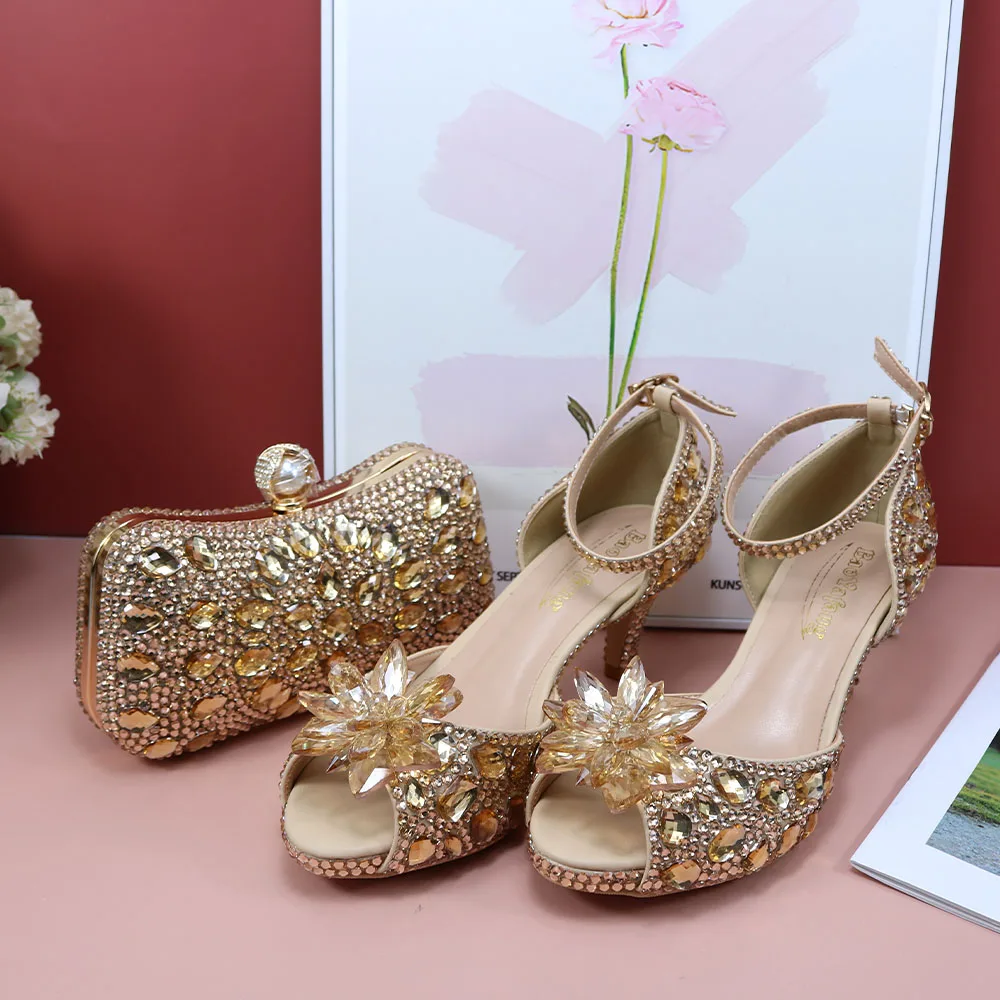 Champagne gold Crystal flower Wedding Bridal shoes with Bag Set Luxury rhinestone Open Toe party dress shoes Pumps Peep Toe
