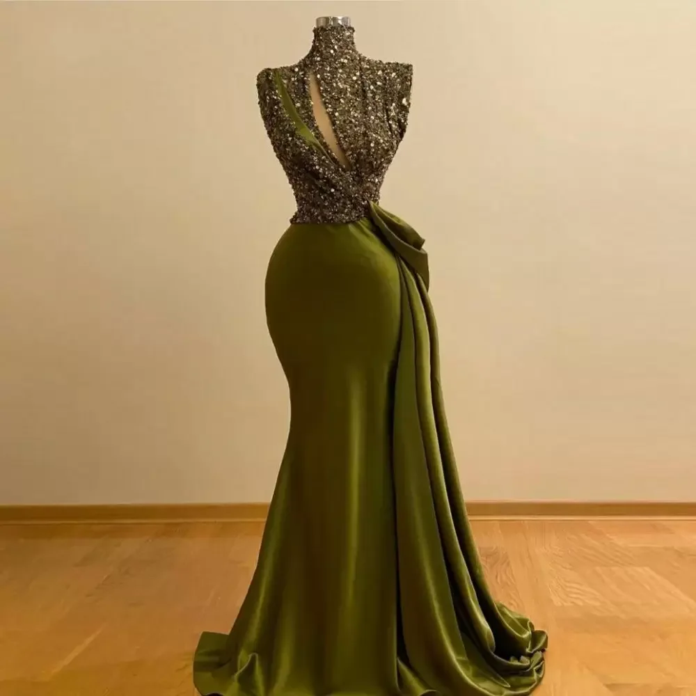 

Modest Olive Green Mermaid Evening Dresses Vestaglia Donna 2023 High Collar Sequins Beaded Long Prom Gowns Formal Party Wear