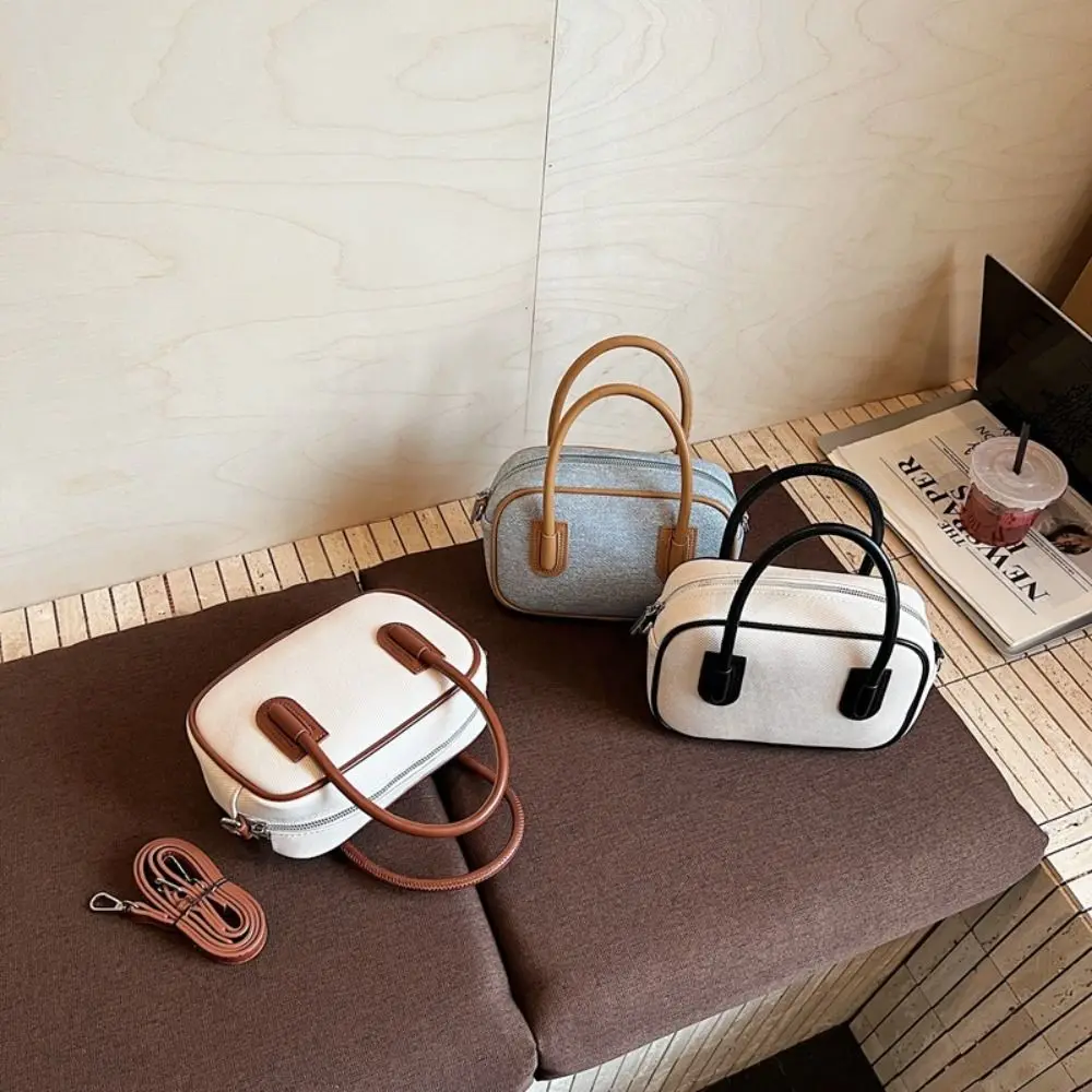 

High Quality Leather PU Bowling Bag Handbag Korean Style Boston Tote Bag French Style Solid Color Contrast Color Crossbody Bag