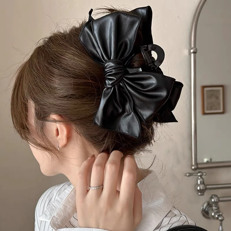 Simple Fashion Black Bow-knot Hair Clip Hair Accessories Ponytail Hairpin PU Big Bows Shark Clip Sweet Grab Clip