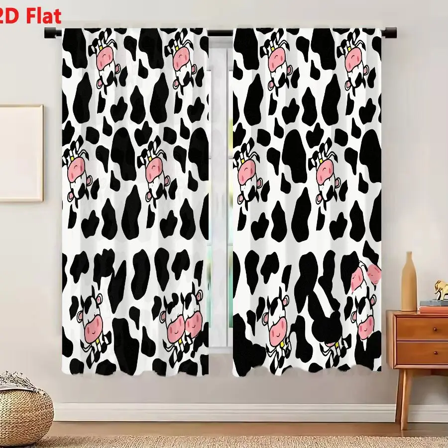 2Pcs Curtains 2D Flat Irregular Black Cow Spots With Cute Cartoon Cows On White Background Seamless Pattern Window Drapes for Be