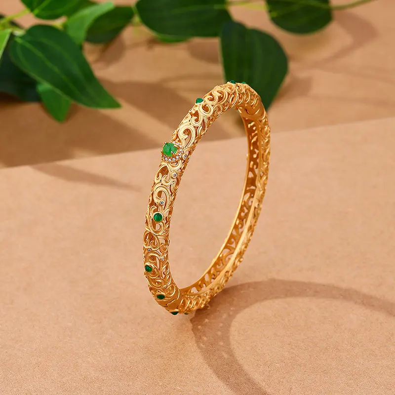 

Vintage Inlay Jade Golden Color Bangles for Women Ethnic Palace Style Hollow Design Hand Carving Luxury Jewelry Bracelet Gifts