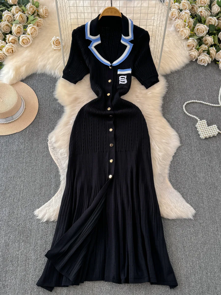2024 neue Mode gestrickt Maxi kleid Sommer Frauen elegante Turn-Down-Kragen Stickerei langes Hemd Kleid Dame Pullover Vestidos