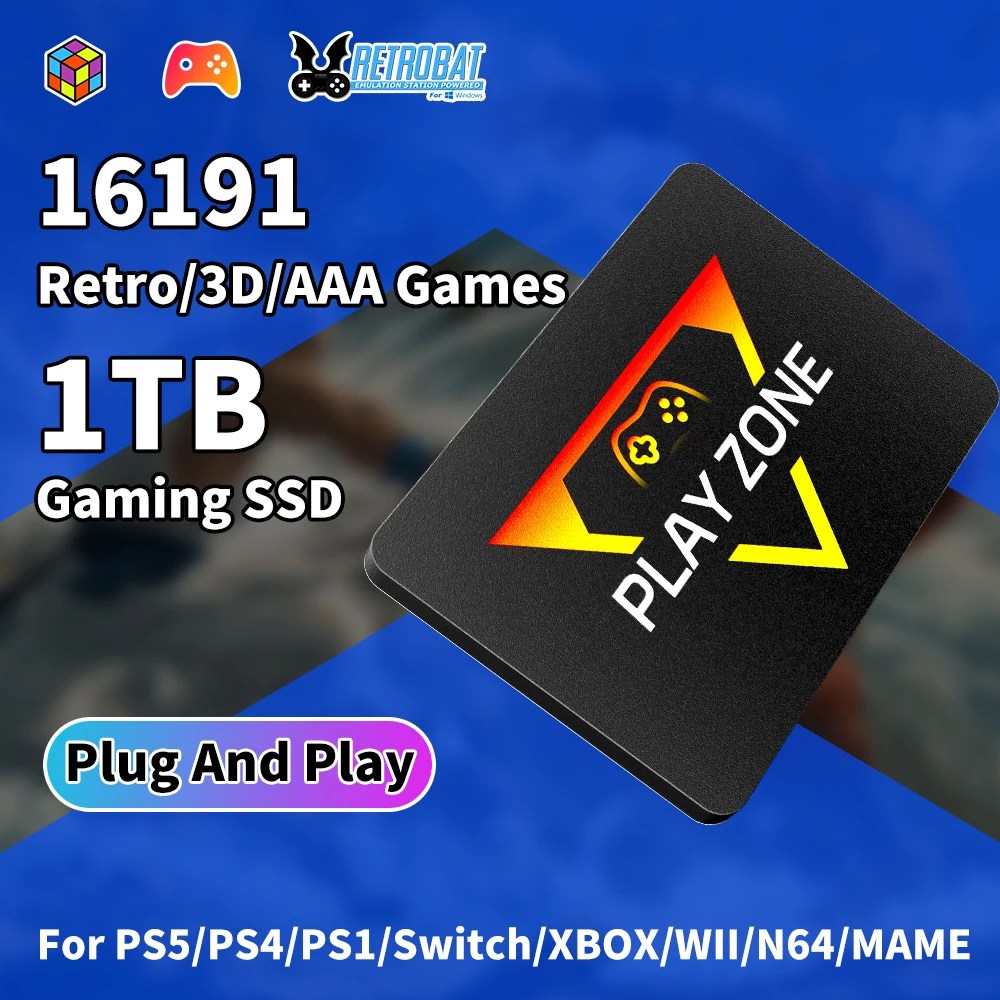 Gaming SSD With 16191 Retro/3D/AAA Games 1TB Gaming SSD With Emulators For PS5/PS4/Switch/XBOX/WII/N64 For Windows PC/Laptop