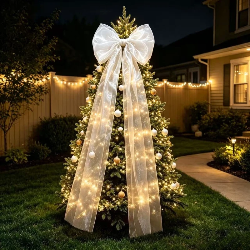 Handmade Multi-Layer Organza Giant Bow, 190cm Minimalist White Beige Grey Extra Large Christmas Tree Topper Bow, Festive Xmas Ha
