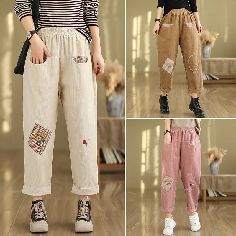 

2023 New Arrival Autumn Women Casual Loose Cotton Corduroy Elastic Waist Floral Embroidery Patchwork Ankle-length Pants V754